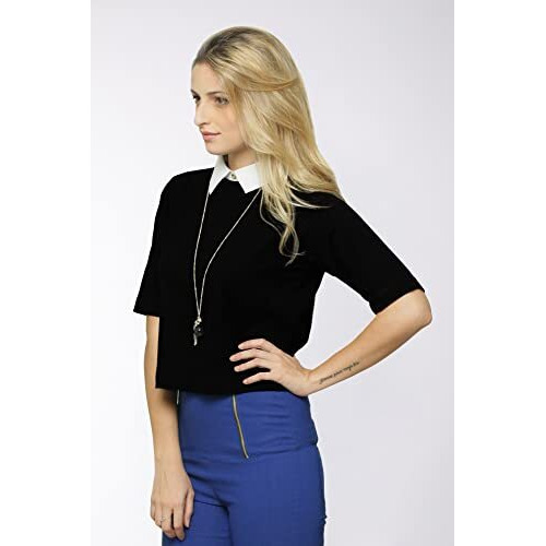 Miss Chase Women's Black And White Collar Neck 3/4 Sleeves Solid Crop Top (Mcaw14Tp01-43-62-04-Multicolor-M)