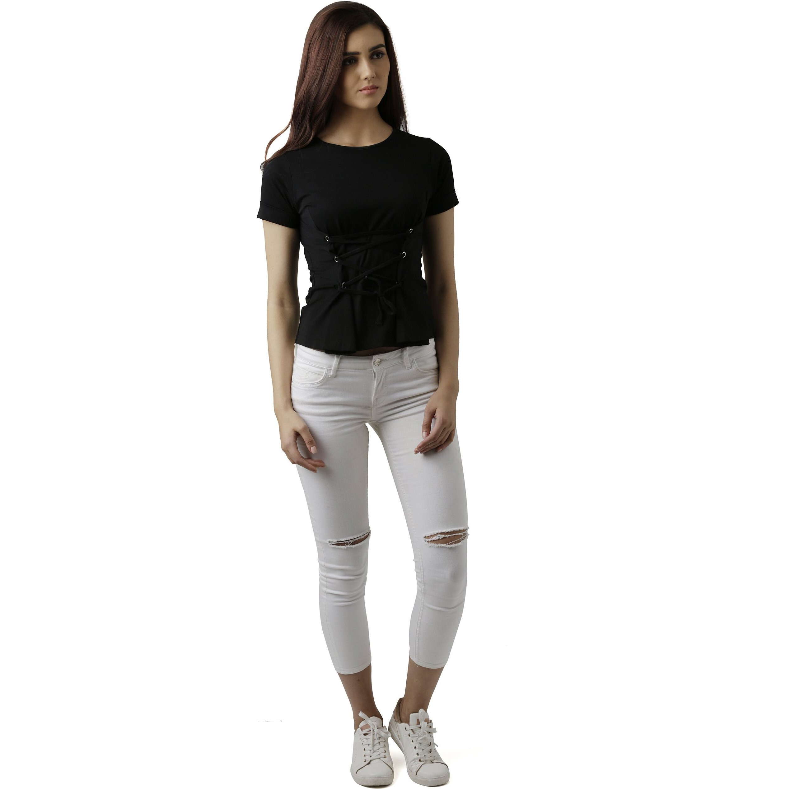 Miss Chase Women's Black Criss Cross Tie-Up Top(Mcaw17Tp10-11-62-06_Black_X-Large)