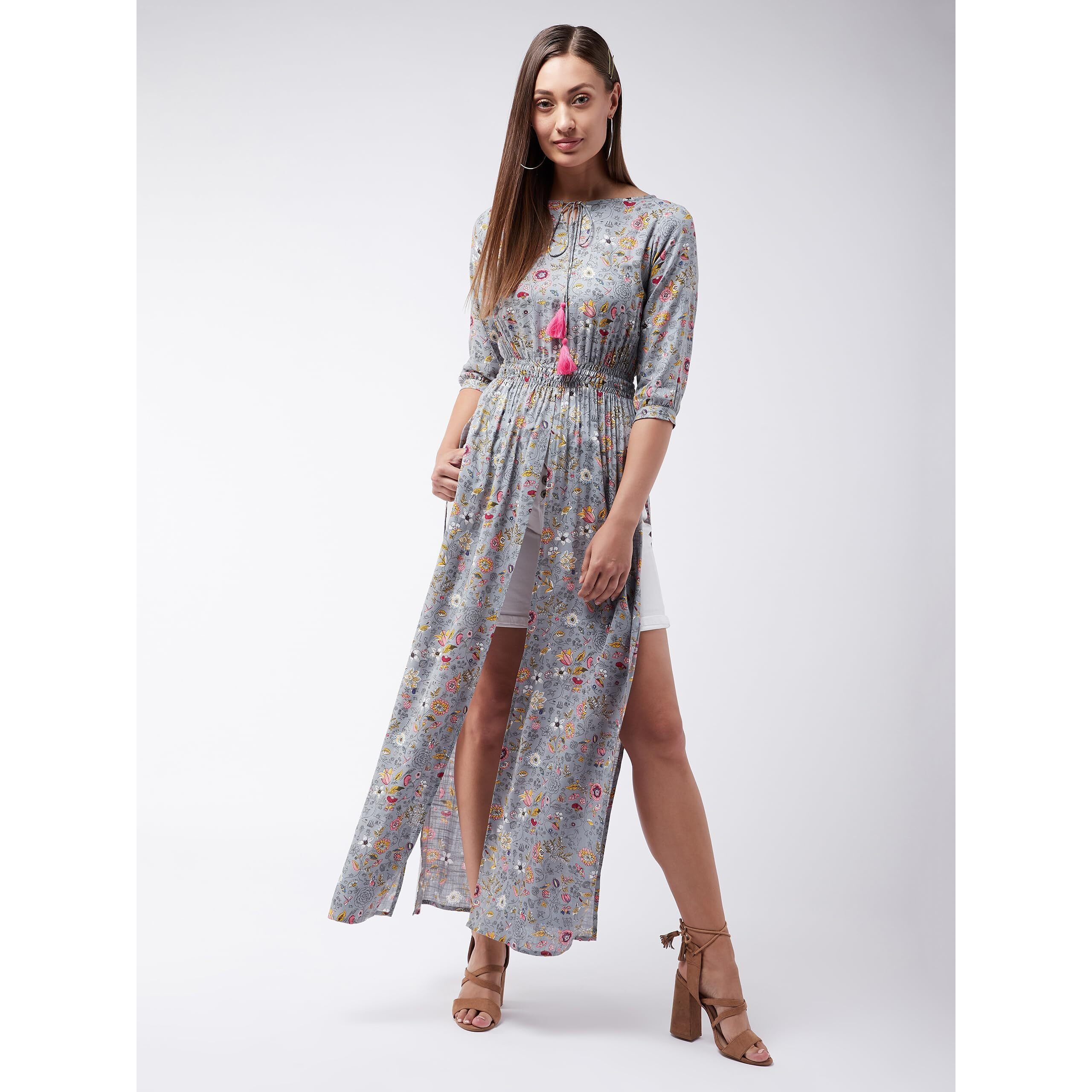 Chase Lifestyle Private Limited Women's Round Neck 3/4Th Sleeve Floral Elasticated Maxi Top (Mcaw18Tp11-96-175-08, Multicolored-Base-Grey, 3Xl)