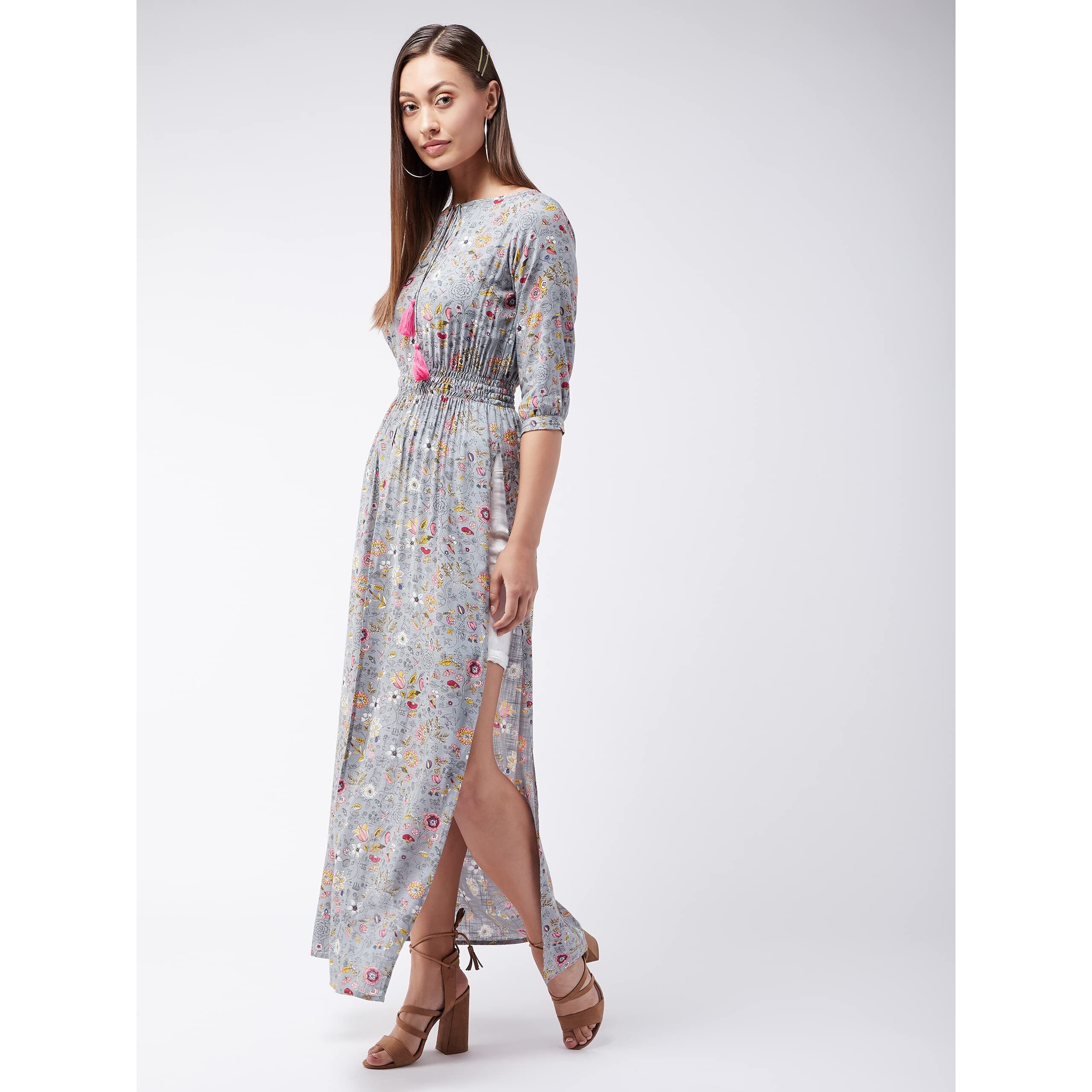 Chase Lifestyle Private Limited Women's Round Neck 3/4Th Sleeve Floral Elasticated Maxi Top (Mcaw18Tp11-96-175-08, Multicolored-Base-Grey, 3Xl)
