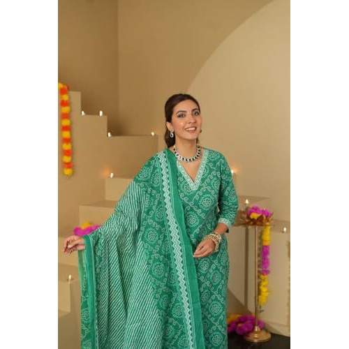 Nainvish Green Bandhani Print Kurta Set For Women | Cotton Kurti With Pant & Dupatta | Women Ethnic Wear For Festive & Casual Use