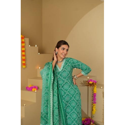 Nainvish Women Green Printed Kurta Pant Dupatta Set | Cotton Kurti Set For Women | Traditional Outfit