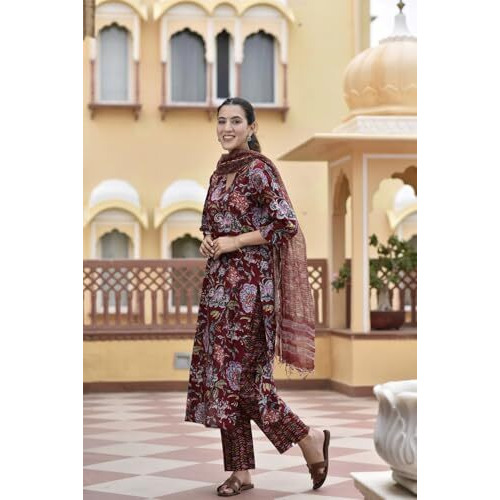 Nainvish Maroon Floral Printed Kurta Set For Women | Cotton Kurti With Pant And Dupatta | Women Kurta Pant Set | Women Kurta Sets Kurtis | Festive