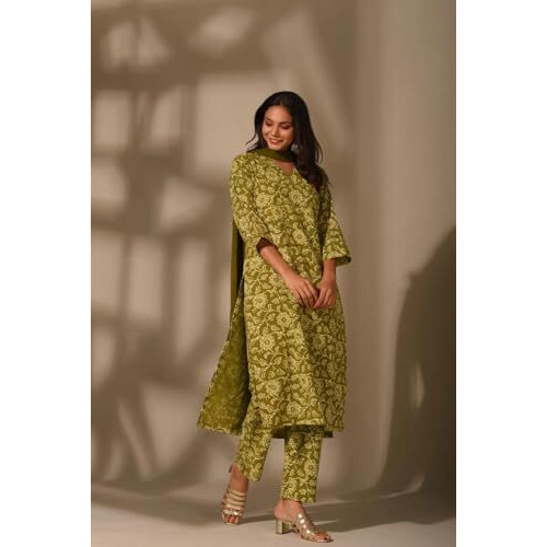 Nainvish Women Green Ethnic Kurta Set | Cotton Kurti With Pant And Dupatta | Floral Printed Kurta Pant Set Sd891_Kbd