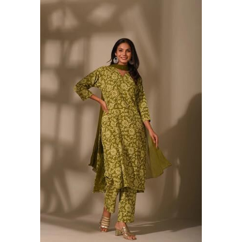 Nainvish Women Green Ethnic Kurta Set | Cotton Kurti With Pant And Dupatta | Floral Printed Kurta Pant Set Sd891_Kbd