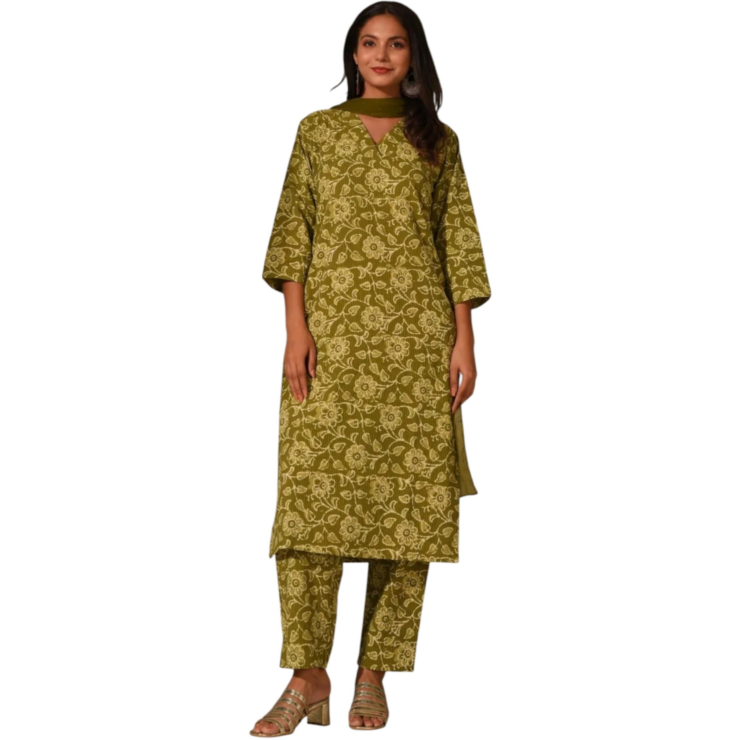 Nainvish Green Cotton Kurta Set For Women | Straight Kurti With Pant & Dupatta | Casual, Office Ethnic Dress Sd891_Kbd