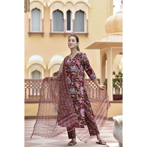 Nainvish Maroon Cotton Kurta Set For Women | Floral Print Kurti With Pant & Dupatta | Women Kurta Sets Kurtis | Traditional Kurta Pant Set