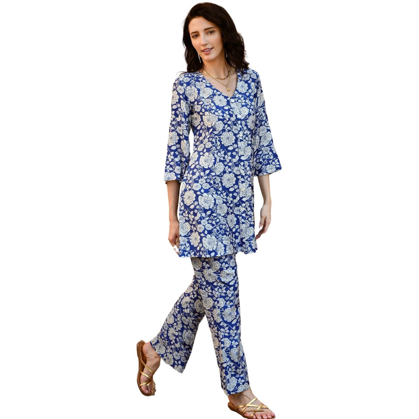 Nainvish Women's Blue & White Printed Straight Cotton Blend U-Neck Co-Ord Set (Sd660_Kb-M_(3)