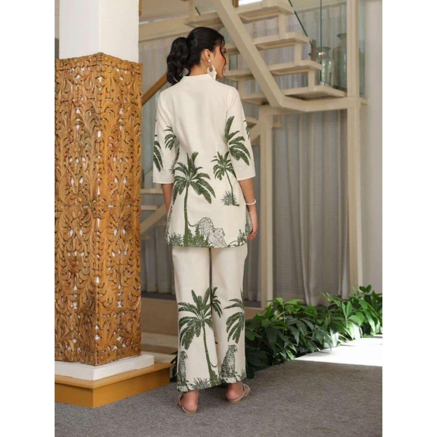 Nainvish Women's Floral Straight Rayon Blend Mandarin Collar Co-Ord Set (Sd856_Kb-S_Beige & Green)