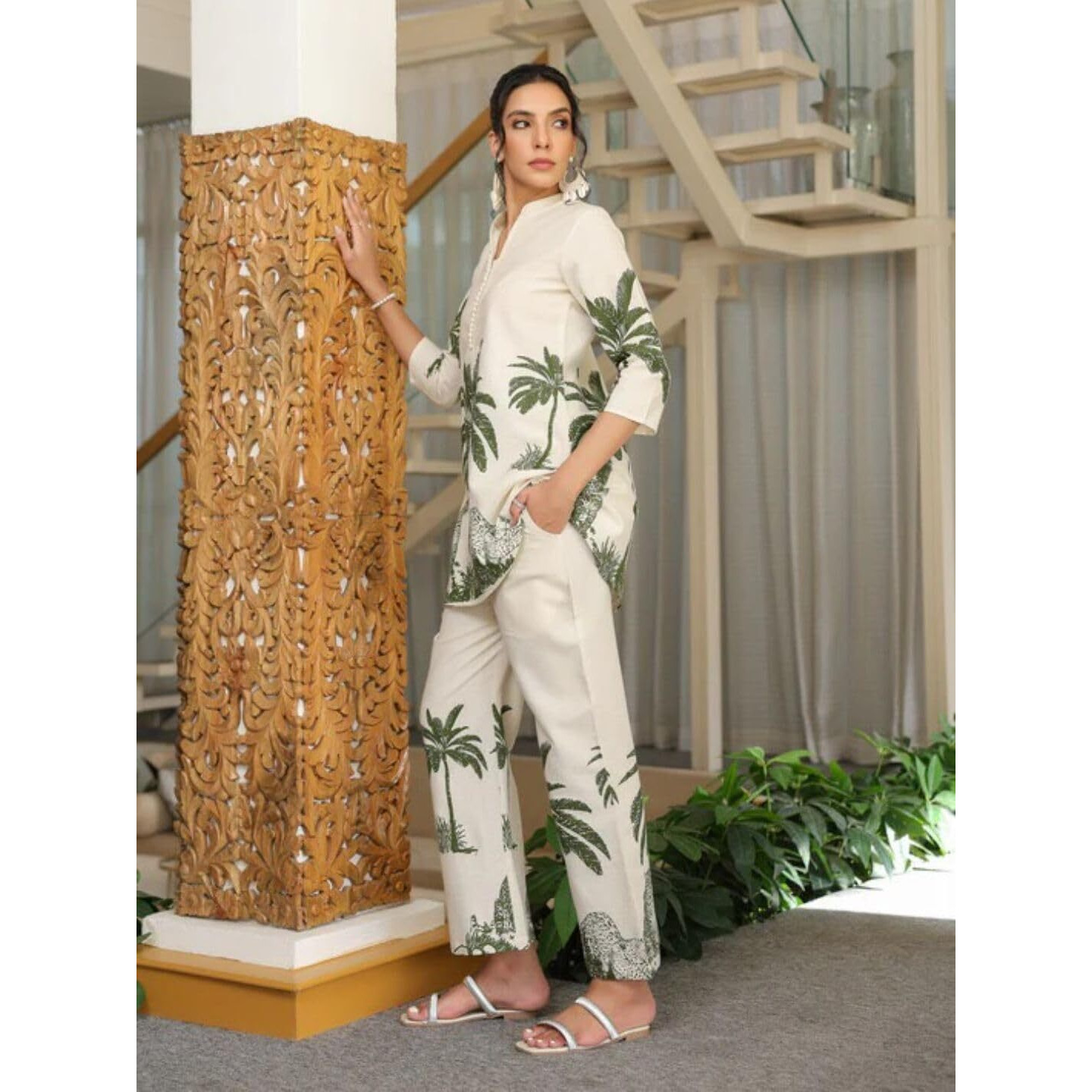 Nainvish Women's Floral Straight Rayon Blend Mandarin Collar Co-Ord Set (Sd856_Kb-S_Beige & Green)