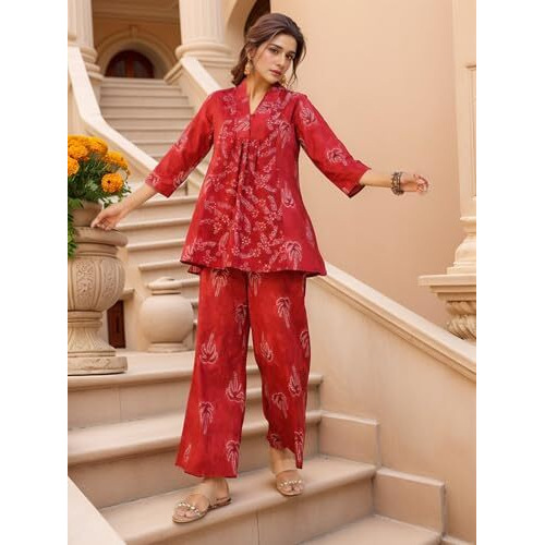 Nainvish Women's Rayon Blend Classic Above The Knee Co-Ord Set (Sd871_Kb-M_Red