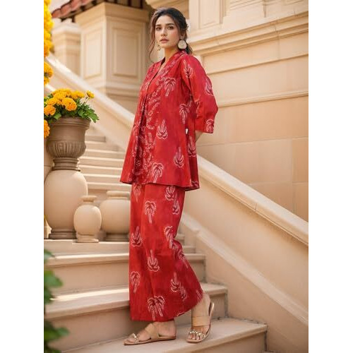 Nainvish Women's Rayon Blend Classic Above The Knee Co-Ord Set (Sd871_Kb-M_Red