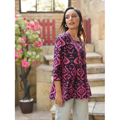 Nainvish Women's Blue & Rose Floral Printed A-Line Cotton Blend Square Neck Top (Sd670_T-S)
