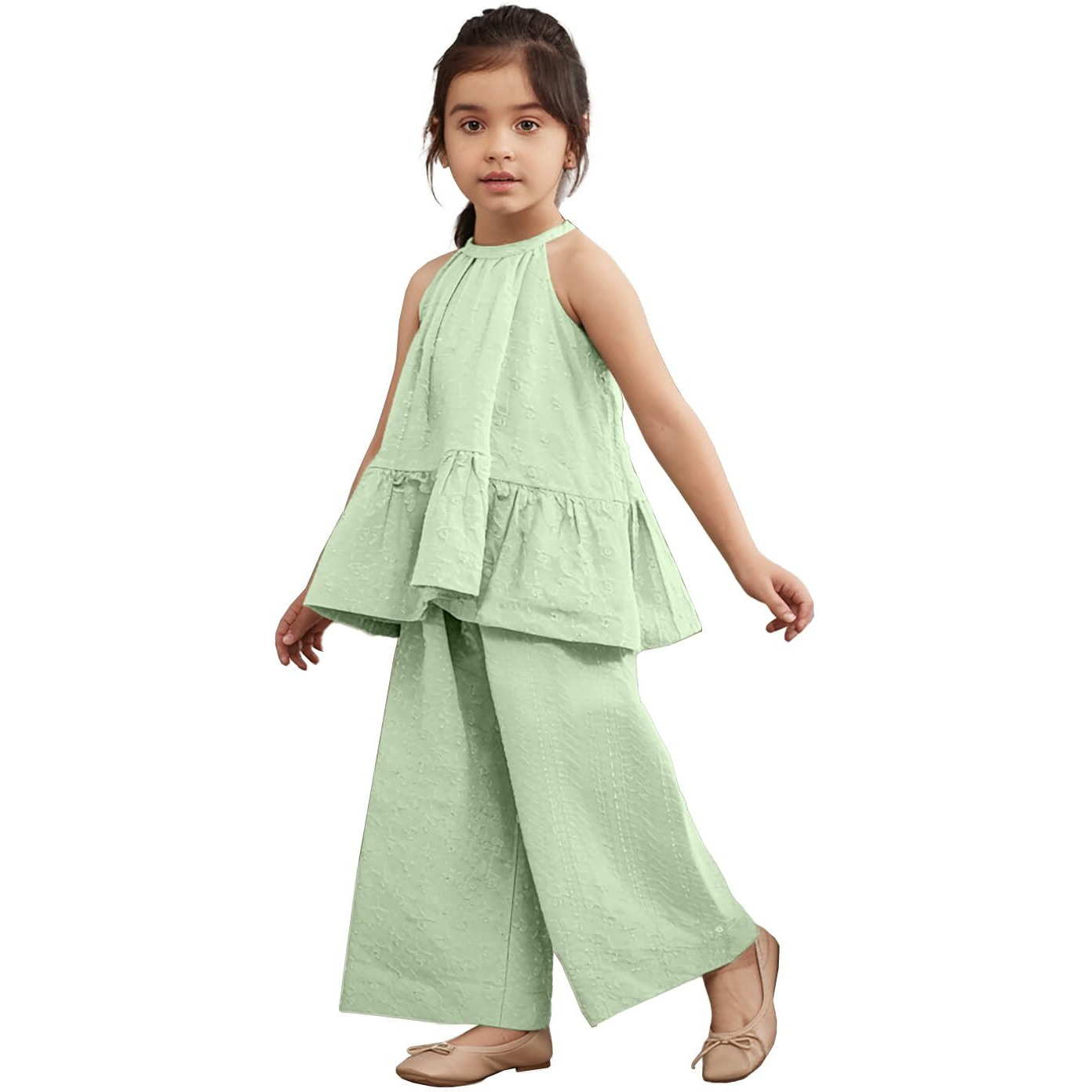 Naughty Ninos Girls Mint Green Cotton Top With Palazzos (Nn01072Drs_6-7 Years)