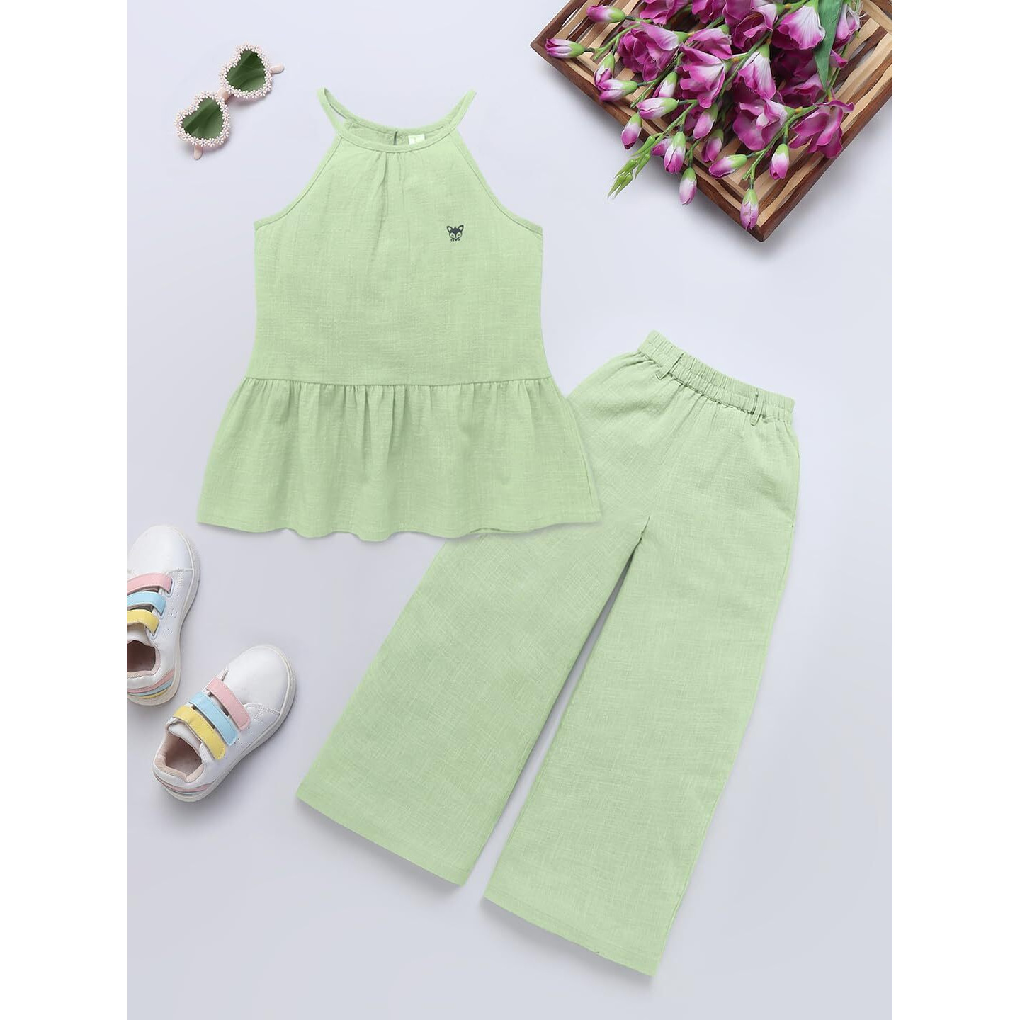 Naughty Ninos Girls Mint Green Cotton Top With Palazzos (Nn01072Drs_6-7 Years)