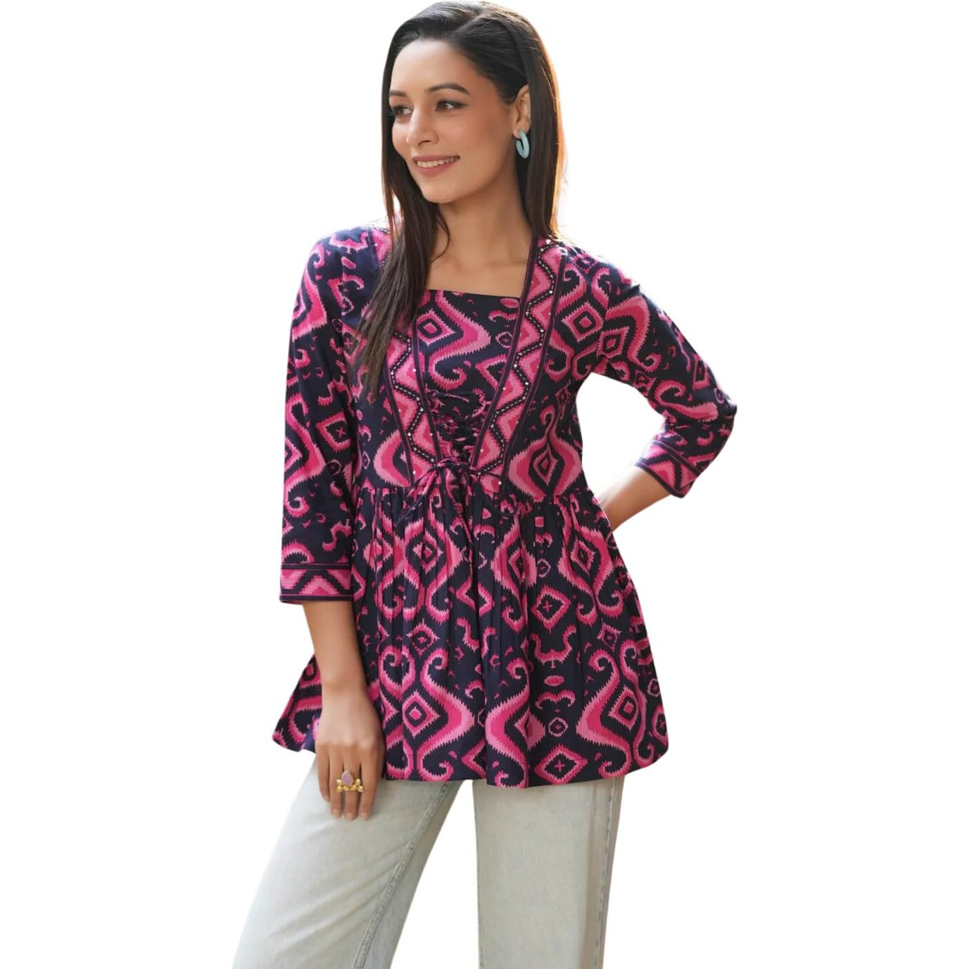 Nainvish Women's Blue & Rose Floral Printed A-Line Cotton Blend Square Neck Top (Sd670_T-L)