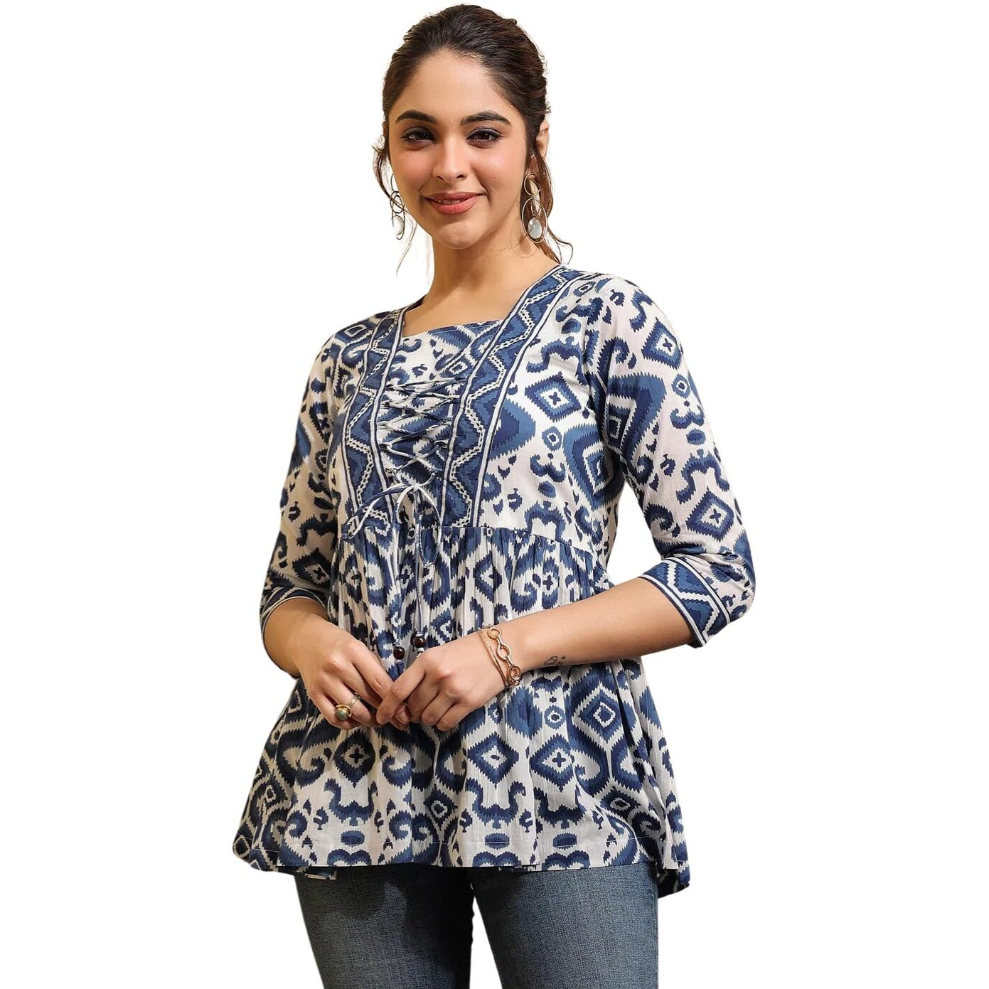 Nainvish Women's Blue Floral Printed A-Line Square Neck Top (Sd669_T-S_(3)