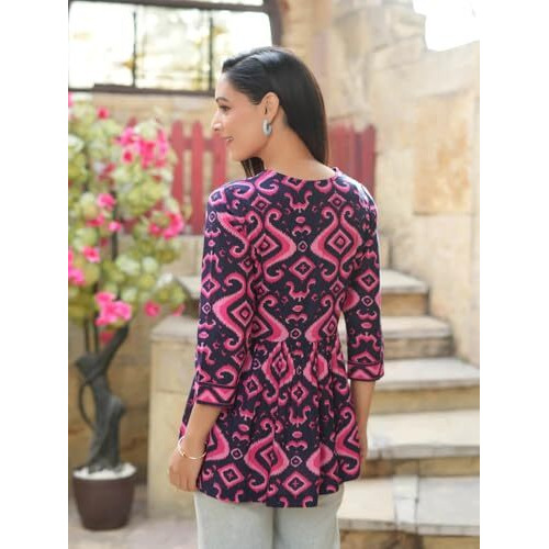 Nainvish Women's Blue & Rose Floral Printed A-Line Cotton Blend Square Neck Top (Sd670_T-Xl)