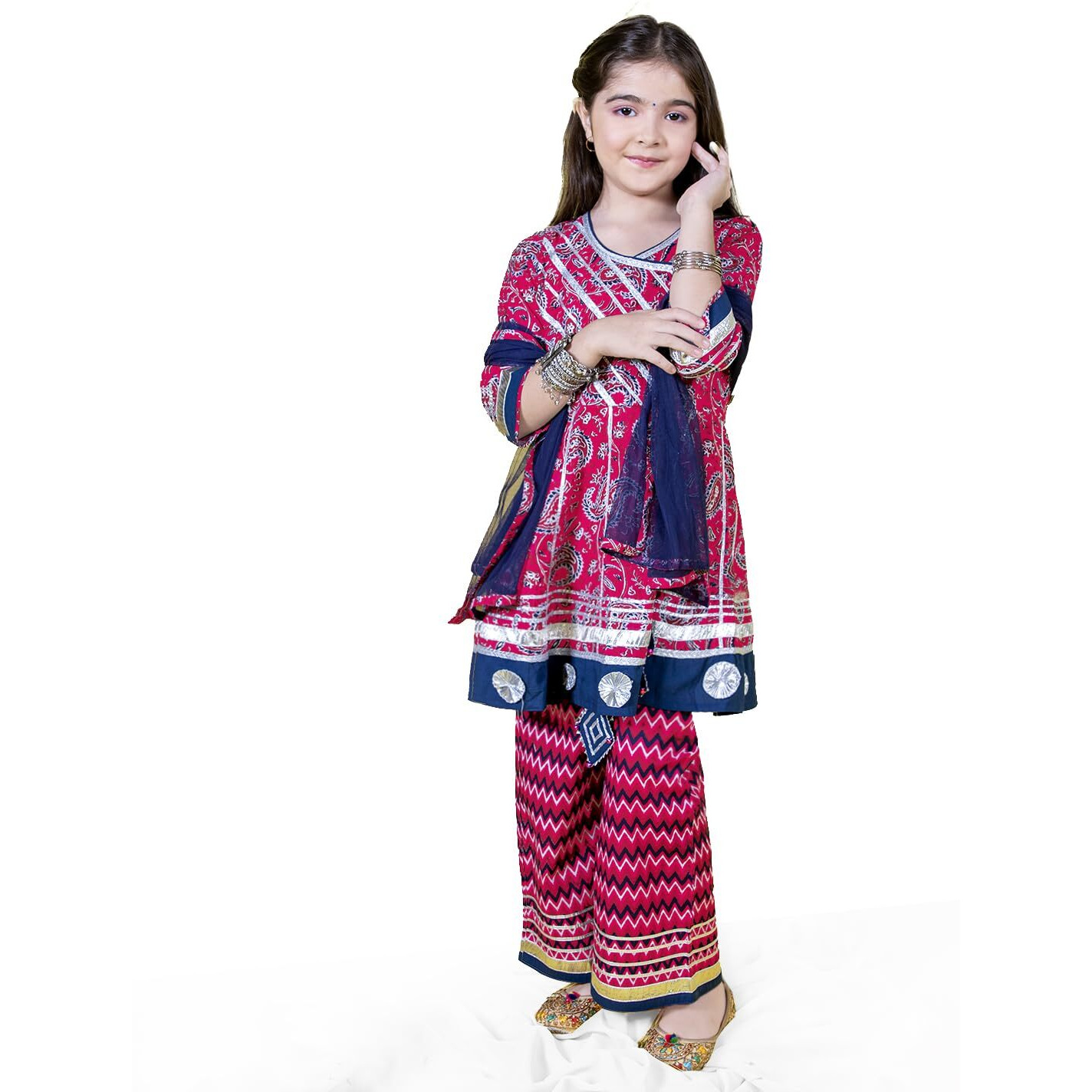 Naughty Ninos Girls Ethnic Angrakha Kurta With Pyjama & Dupatta (14-15 Years_Fuschia)