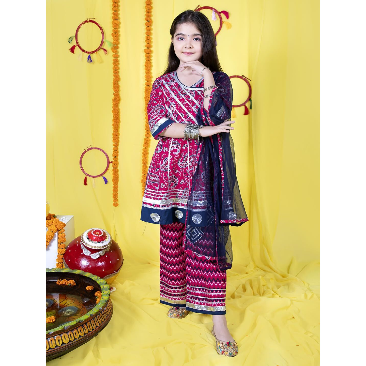 Naughty Ninos Girls Ethnic Angrakha Kurta With Pyjama & Dupatta (14-15 Years_Fuschia)