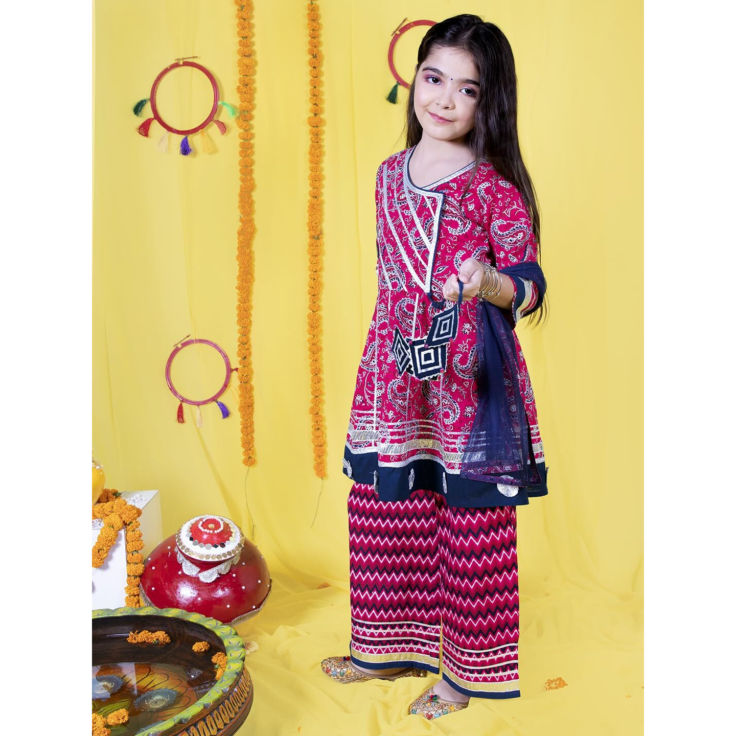 Naughty Ninos Girls Ethnic Angrakha Kurta With Pyjama & Dupatta (14-15 Years_Fuschia)