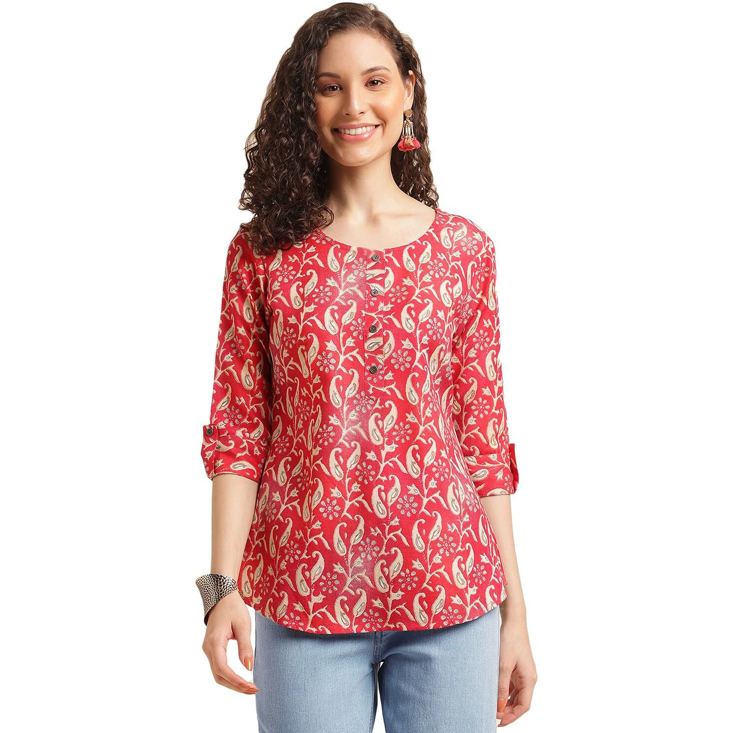 Nainvish Women's Cotton Blend Printed Regular Fit Top (Sd490_L_Red)