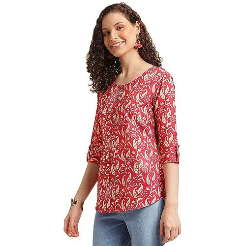 Nainvish Women's Cotton Blend Printed Regular Fit Top (Sd490_L_Red)