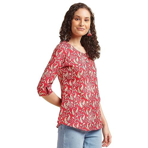 Nainvish Women's Cotton Blend Printed Regular Fit Top (Sd490_L_Red)
