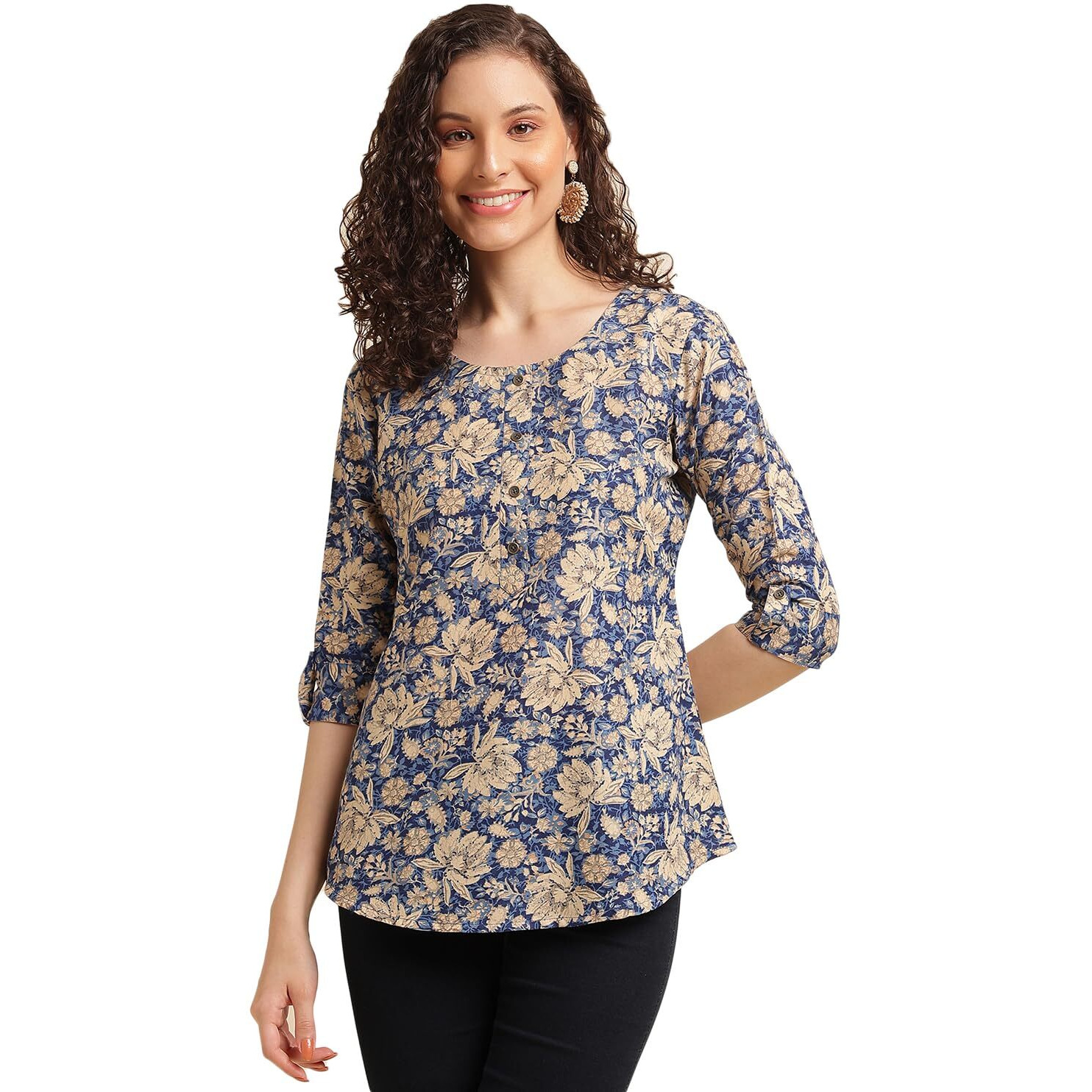 Nainvish Women's Cotton Blend Printed Regular Fit Top (Sd489_L_Blue)