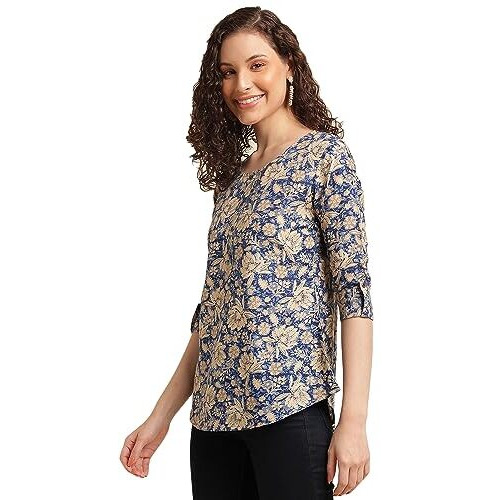 Nainvish Women's Cotton Blend Printed Regular Fit Top (Sd489_L_Blue)