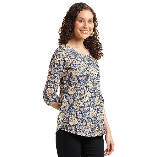Nainvish Women's Cotton Blend Printed Regular Fit Top (Sd489_L_Blue)