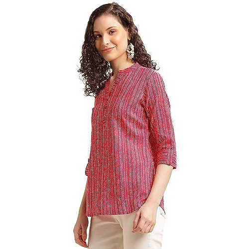 Nainvish Women's Cotton Blend Mandarin Neck Regular Fit Printed Top (Sd497_Xxl_Red)
