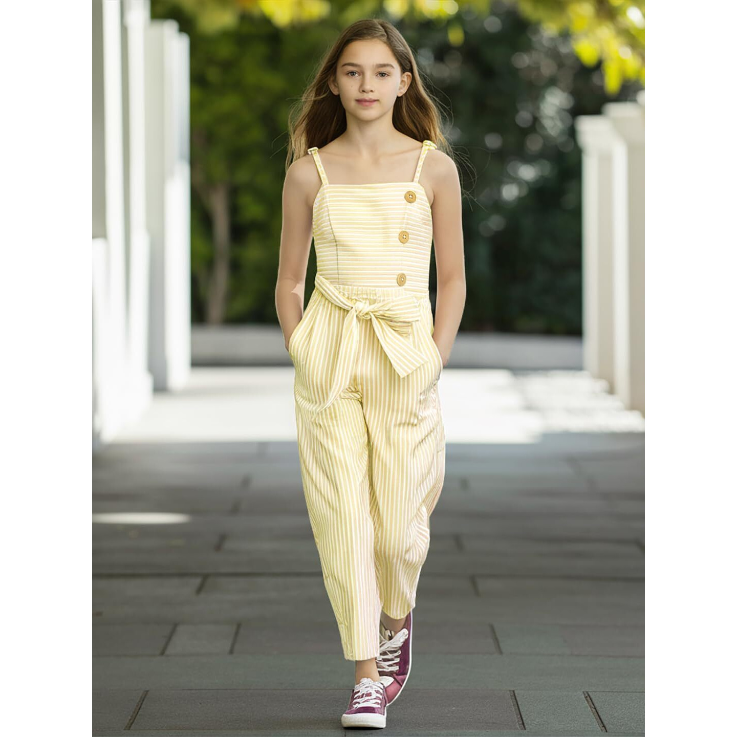 Naughty Ninos Girls Yellow Stripes Printed Jumpsuit (Nn01019Drs_6-7 Years)