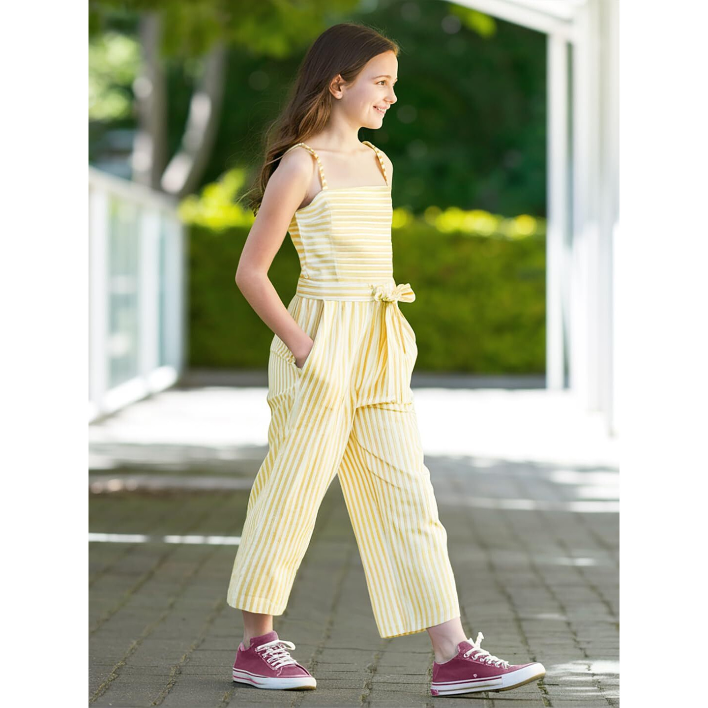 Naughty Ninos Girls Yellow Stripes Printed Jumpsuit (Nn01019Drs_6-7 Years)