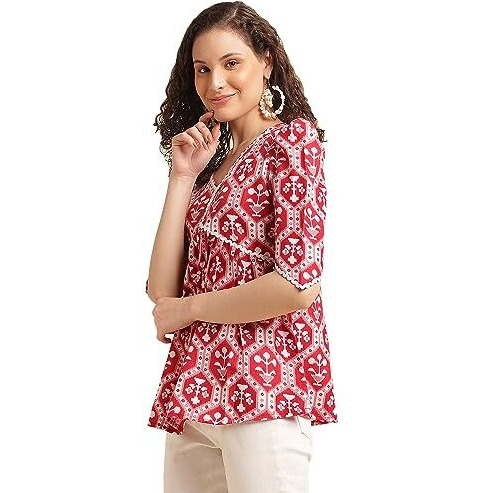 Nainvish Women's Cotton Blend Printed Straight V-Neck Top (Sd511_T-Xl_Red)