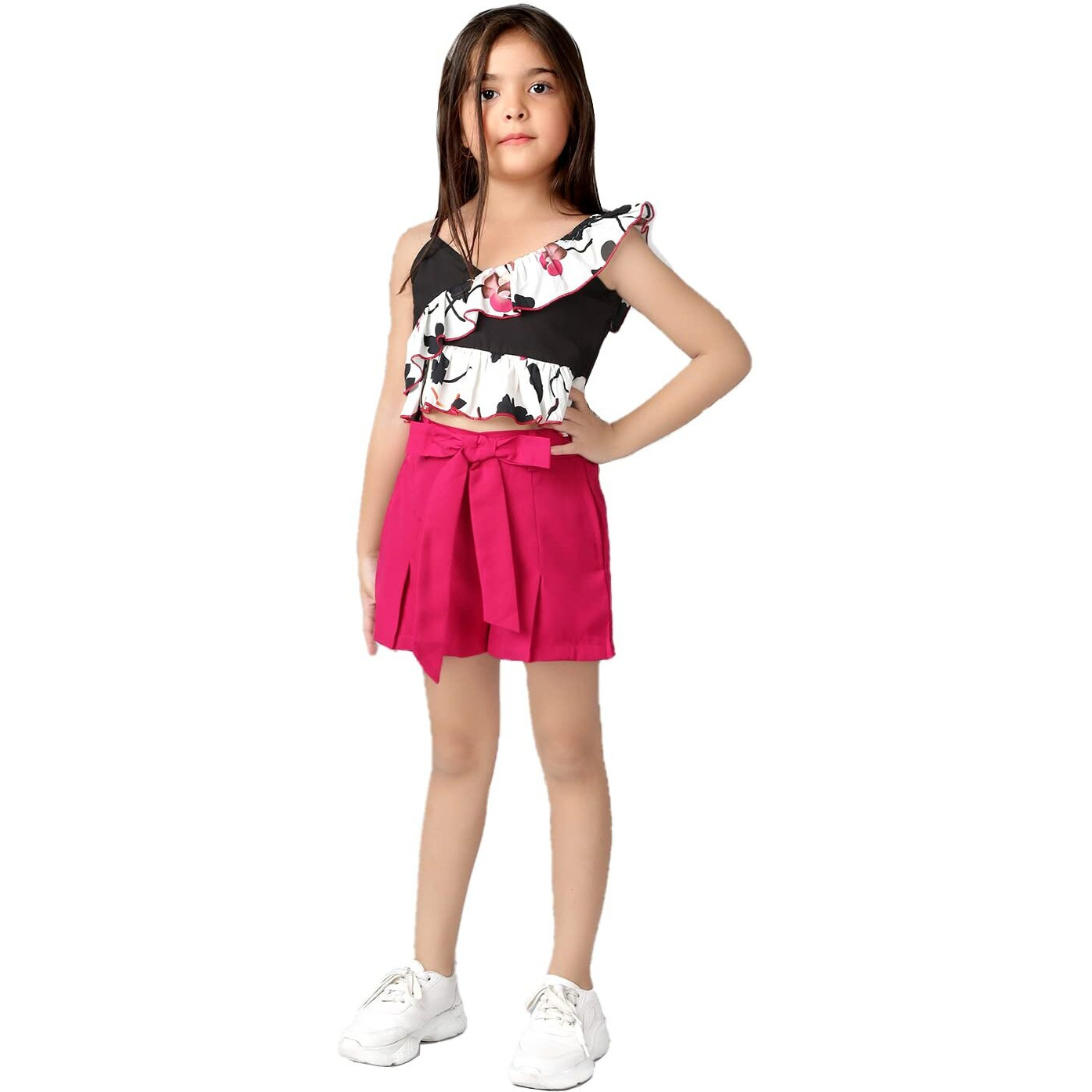 Naughty Ninos Girls Black Floral Printed Top With Maroon Shorts(Nn00675Drs_Black_13-14 Years)