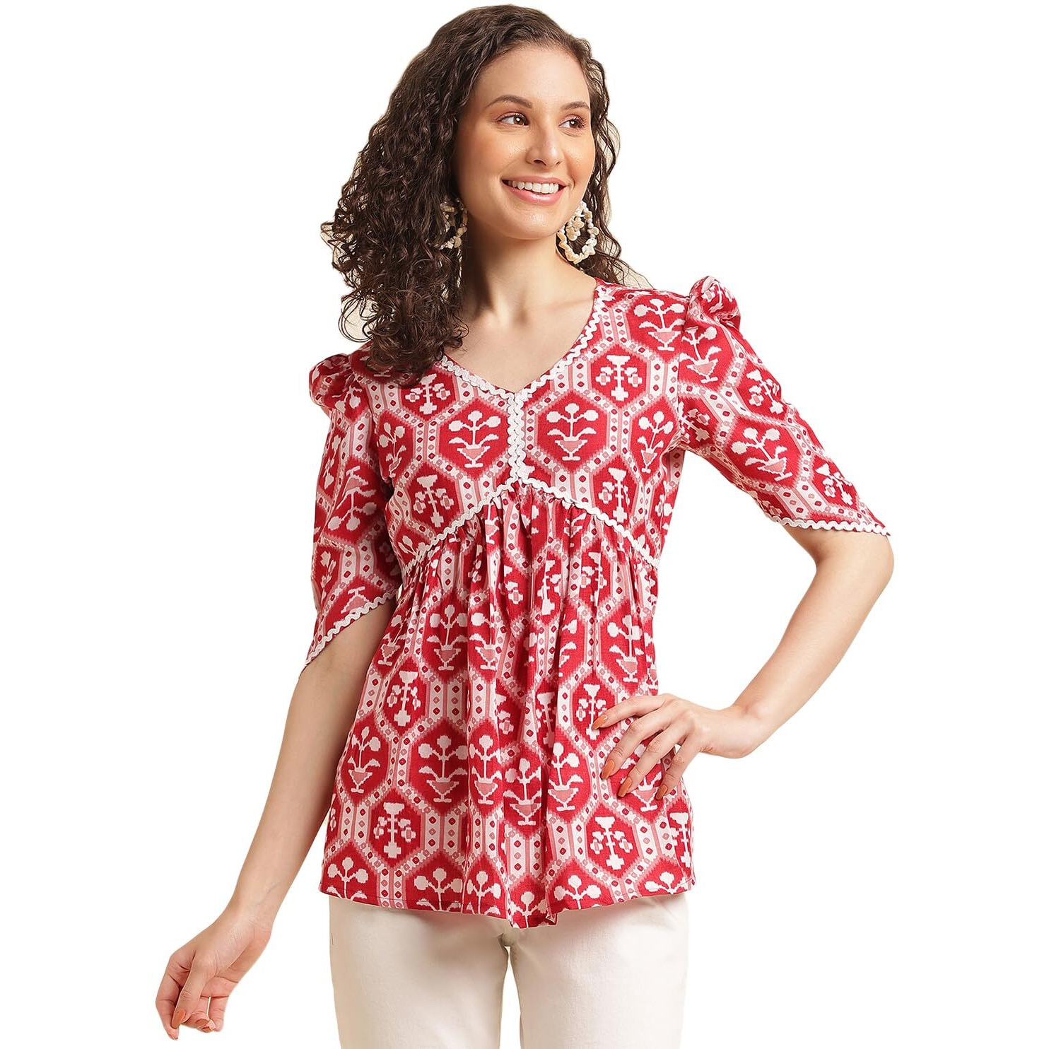 Nainvish Women's Cotton Blend Printed Straight V-Neck Top (Sd511_T-M_Red)