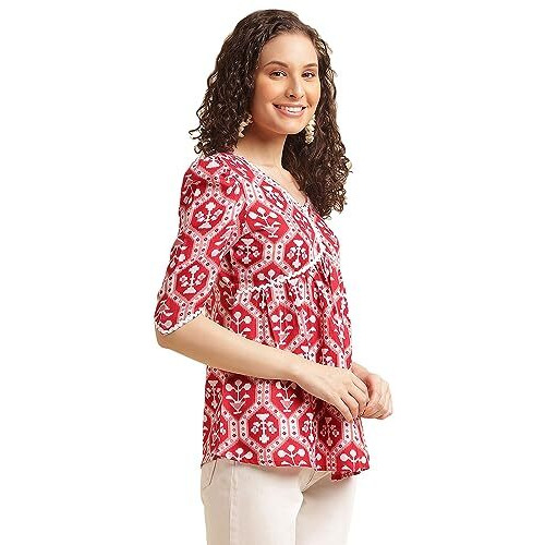 Nainvish Women's Cotton Blend Printed Straight V-Neck Top (Sd511_T-M_Red)