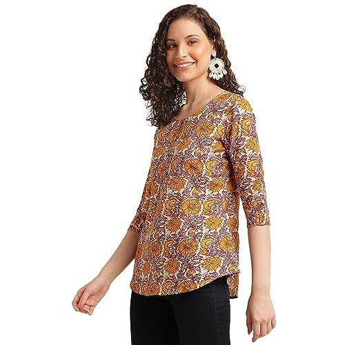 Nainvish Women's Cotton Blend Printed Regular Fit Top (Sd491_Xs_Yellow)