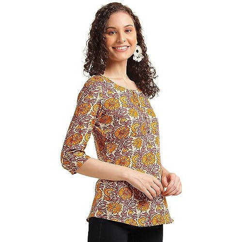 Nainvish Women's Cotton Blend Printed Regular Fit Top (Sd491_Xs_Yellow)