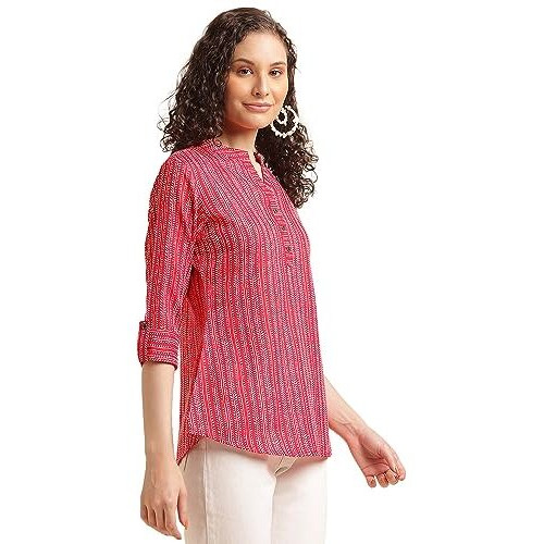 Nainvish Women's Cotton Blend Mandarin Neck Regular Fit Printed Top (Sd497_M_Red)