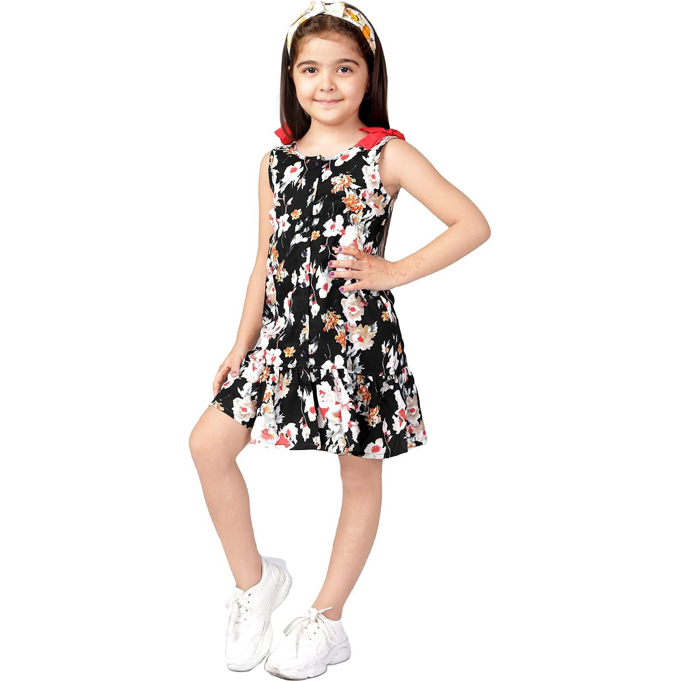 Naughty Ninos Girls Black Floral Printed Dress(Nn00687Drs_Black_9-10 Years)