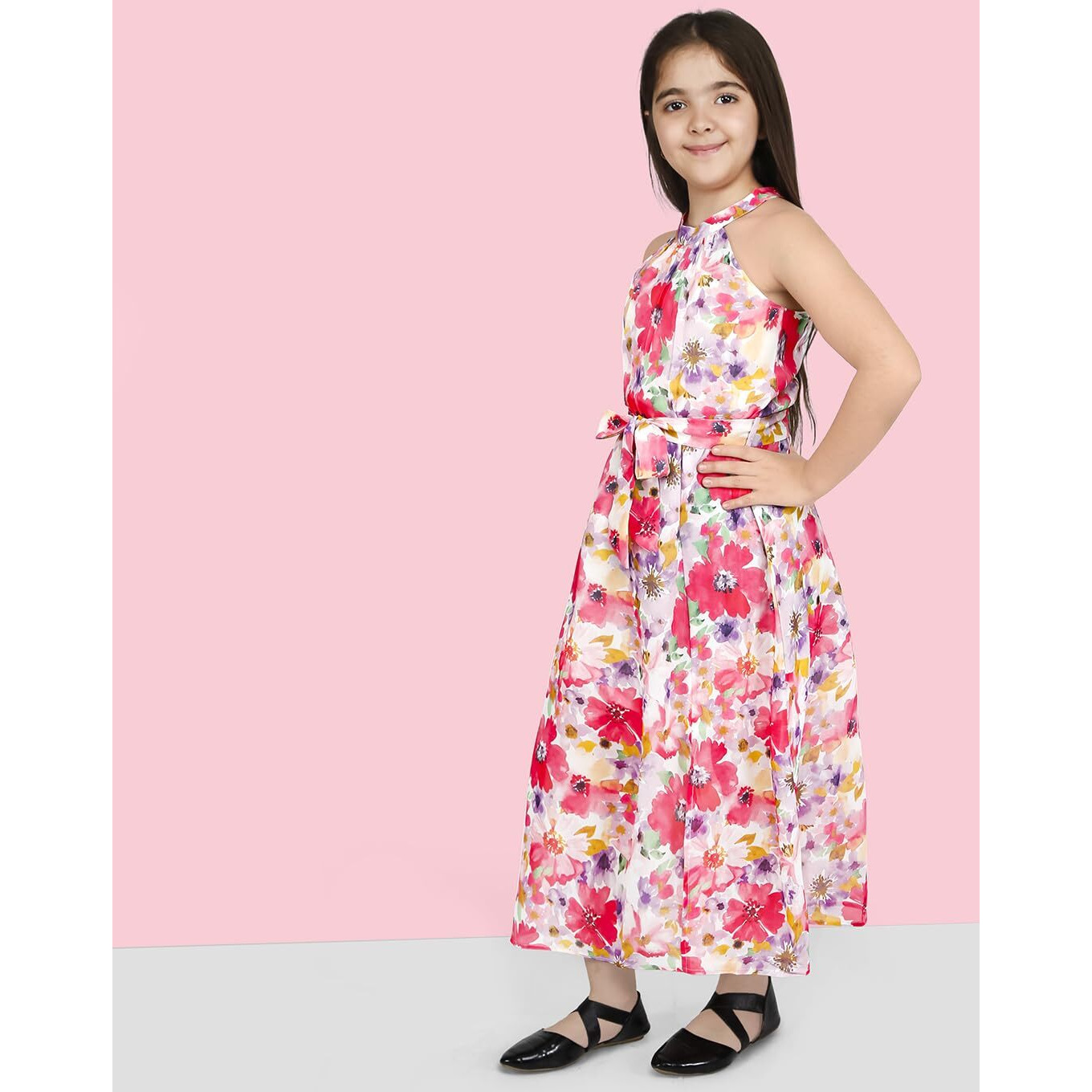 Naughty Ninos Girls Multi Color Floral Printed Halter Neck A-Line Maxi Dress (Nn01004Drs_6-7 Years)
