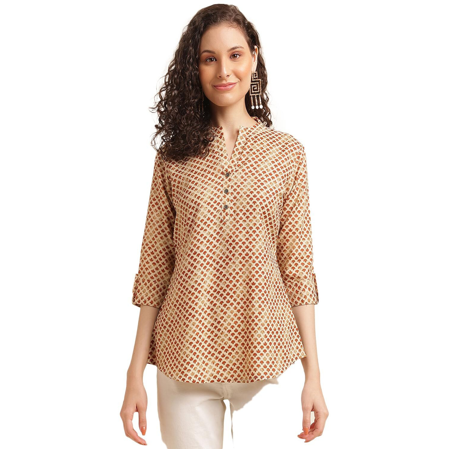 Nainvish Women's Cotton Blend Mandarincollar Regular Fit Printed Top (Sd500_T_M_Mustard)