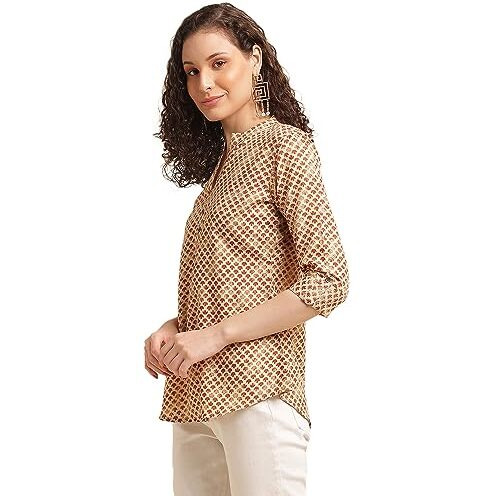 Nainvish Women's Cotton Blend Mandarincollar Regular Fit Printed Top (Sd500_T_M_Mustard)