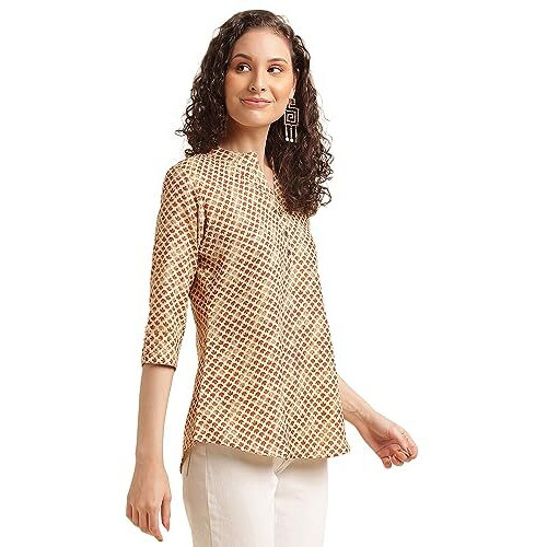 Nainvish Women's Cotton Blend Mandarincollar Regular Fit Printed Top (Sd500_T_M_Mustard)