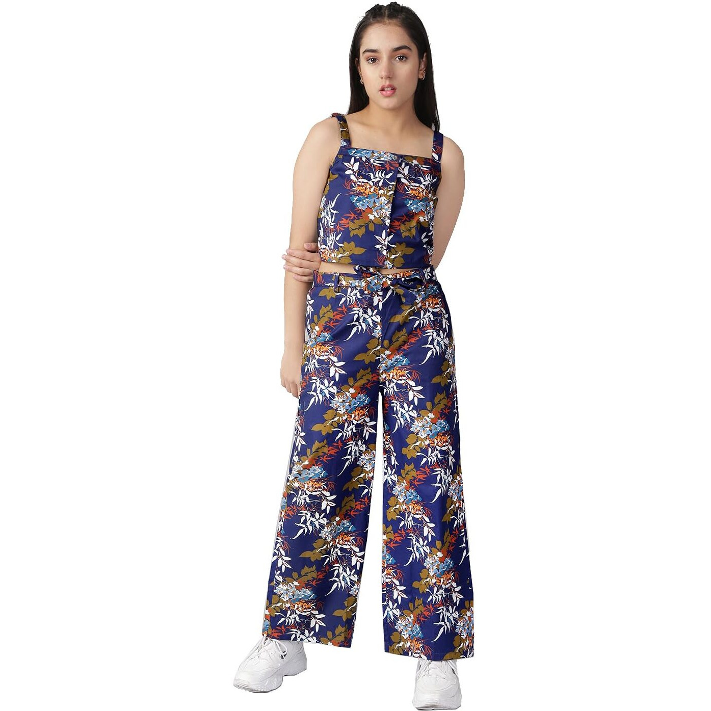 Naughty Ninos Girls Navy Blue & White Floral Print Top With Palazzos(Nn00621Drs_Navy Blue_14-15 Years)