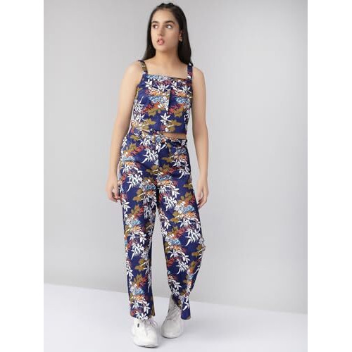 Naughty Ninos Girls Navy Blue & White Floral Print Top With Palazzos(Nn00621Drs_Navy Blue_14-15 Years)