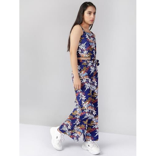Naughty Ninos Girls Navy Blue & White Floral Print Top With Palazzos(Nn00621Drs_Navy Blue_14-15 Years)