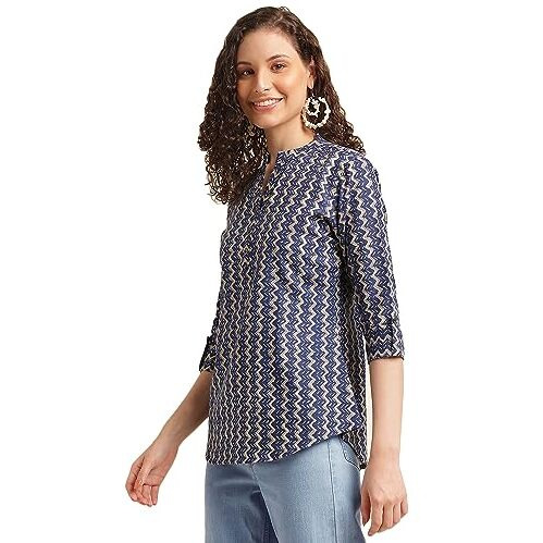 Nainvish Women's Cotton Blend Mandarin Neck Regular Fit Printed Top (Sd495_Xs_Blue)